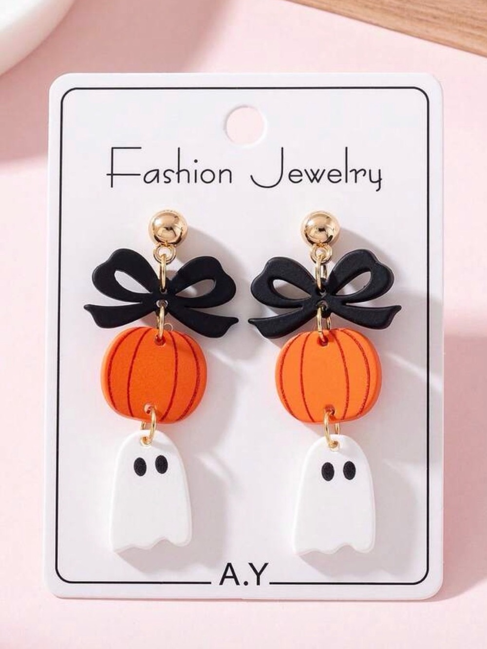 Halloween Pumpkin & Ghost Drop Earrings - Orange, Black, White